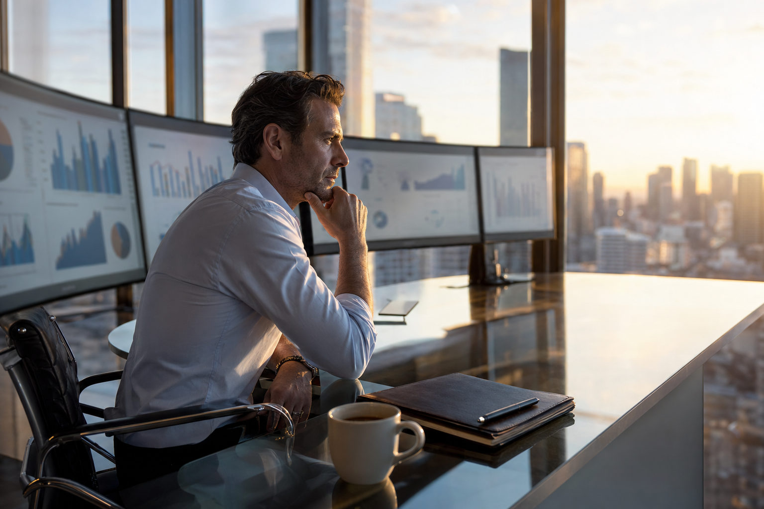 Executivo analisando dados de business intelligence em monitores curvos em um escritório no alto durante a hora dourada