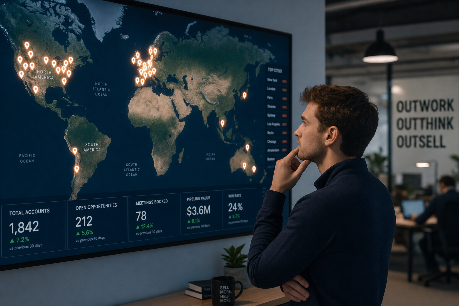 Representante de desenvolvimento de vendas analisando um mapa digital do mundo com pinos de localização de empresas em centros urbanos