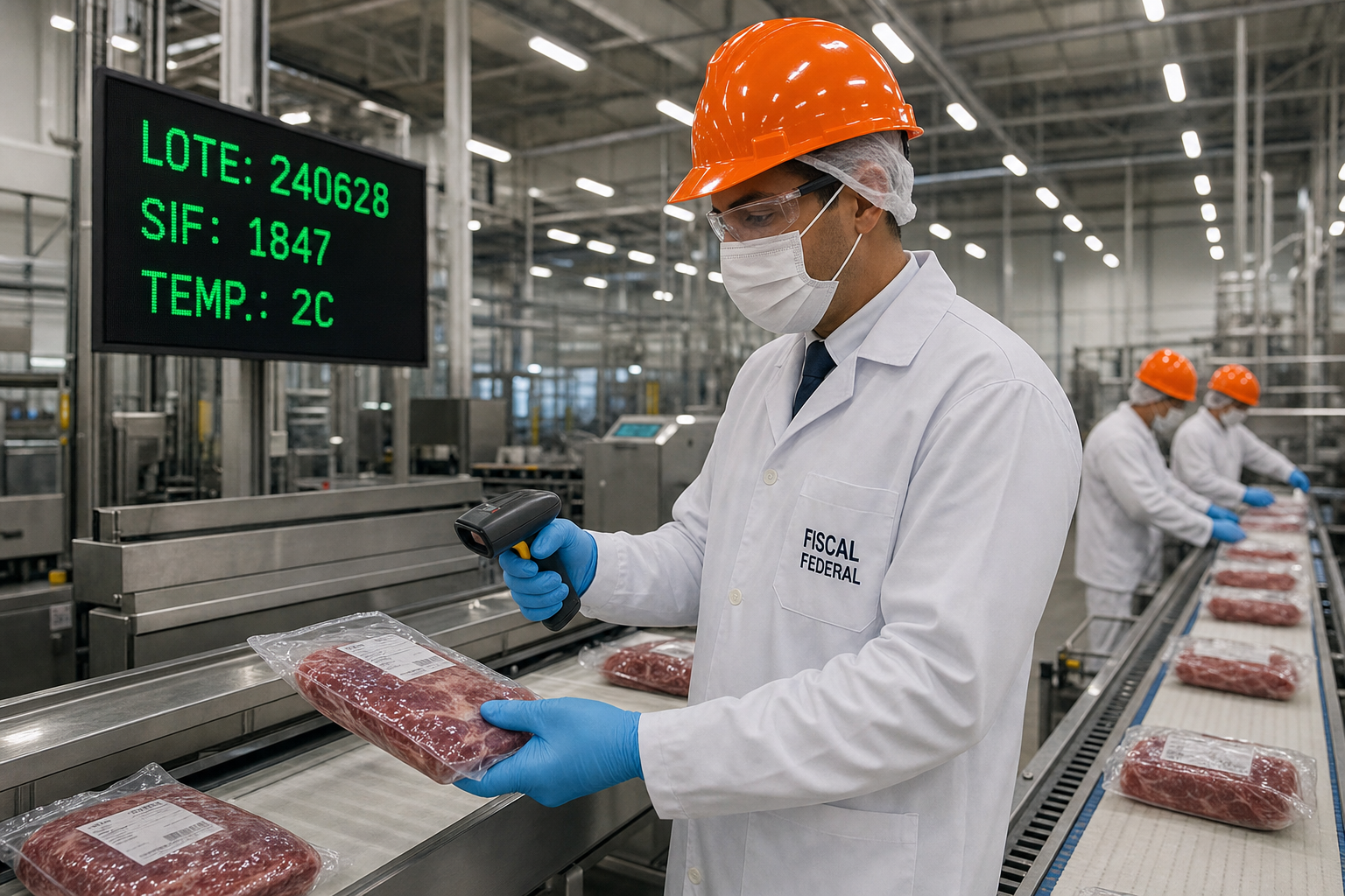 Fiscal federal em jaleco branco e capacete laranja operando um scanner de código de barras ao lado de uma esteira transportadora de inox em uma moderna planta de processamento de alimentos brasileira, com um painel de rastreabilidade de lote visível ao fundo