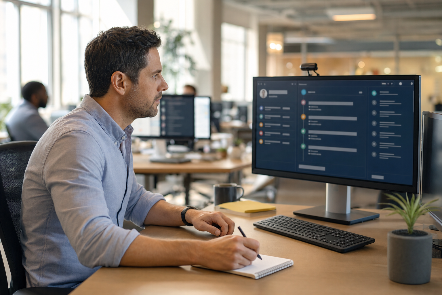 Gerente de vendas revisando uma conta de cliente em um monitor grande