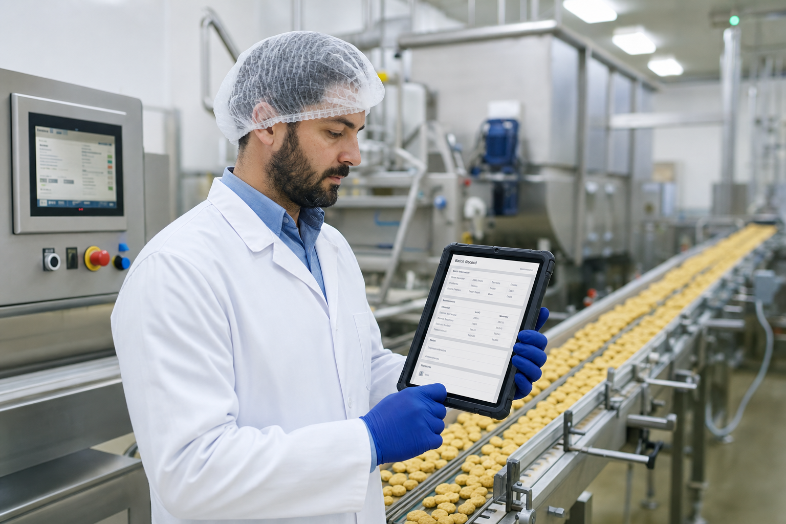 Supervisor de produção de alimentos revisando registro eletrônico de lote no tablet na linha de manufatura