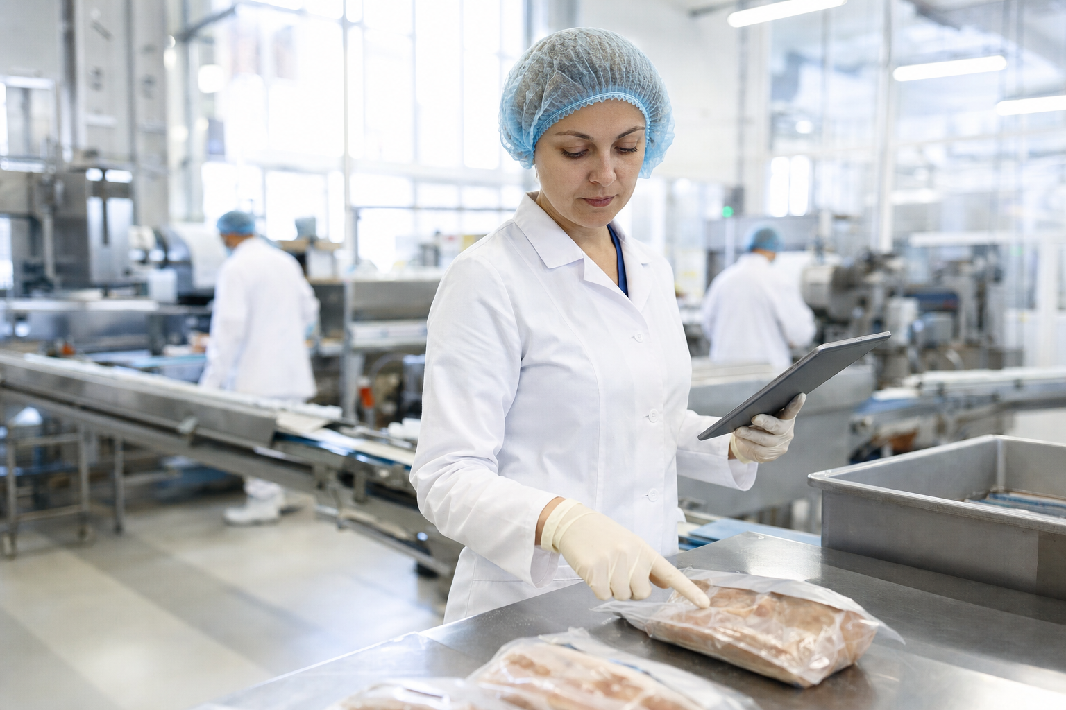 Inspetor de controle de qualidade de alimentos com jaleco branco e touca examinando produtos embalados em uma linha de produção
