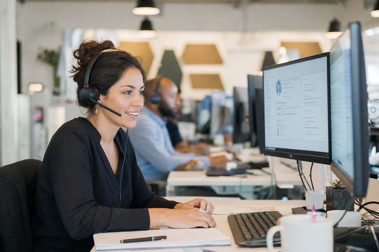 Representante de atendimento ao cliente com headset em uma estação de suporte moderna