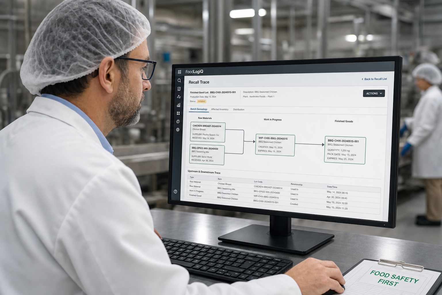 Um gerente de controle de qualidade em uma unidade de produção de alimentos usando um tablet para revisar um registro digital de lote, com linhas de produção e maquinário visíveis ao fundo.