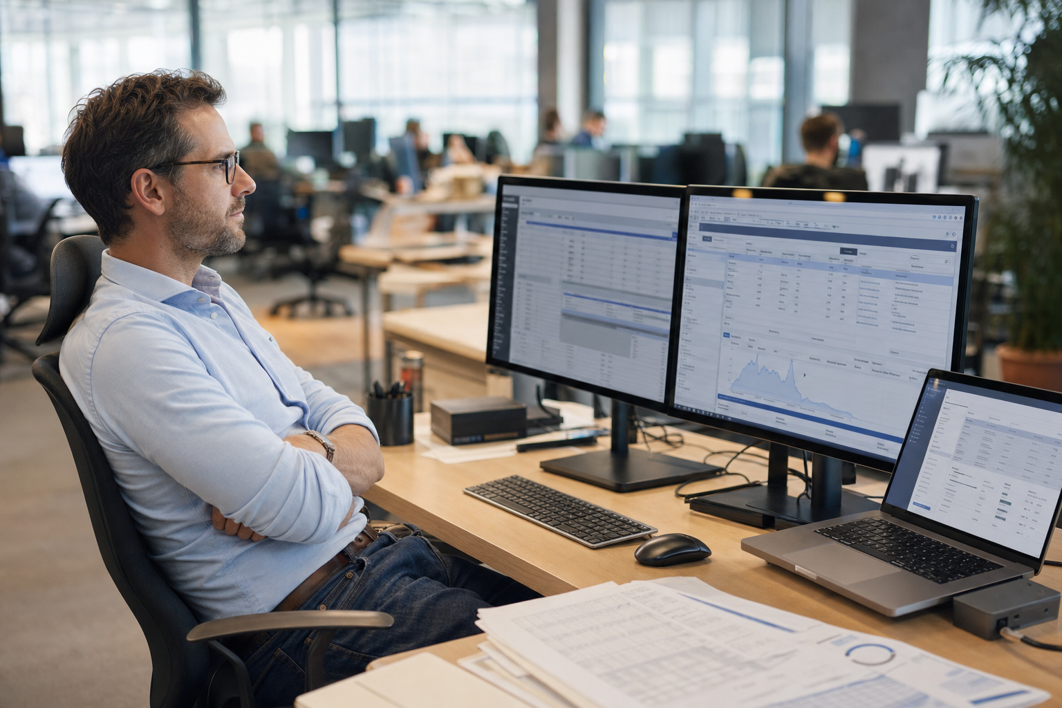 Gerente de operações em uma mesa com vários monitores exibindo diferentes interfaces de software em um escritório moderno