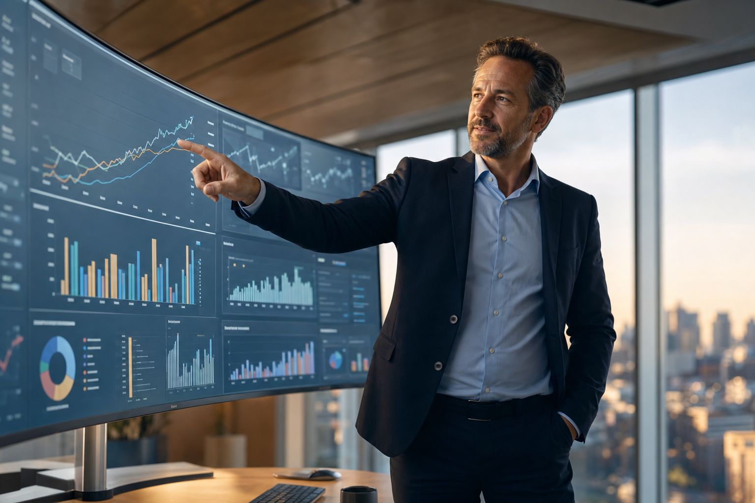 Diretor de operações apontando para gráficos de previsão em um grande monitor curvo em um escritório corporativo moderno