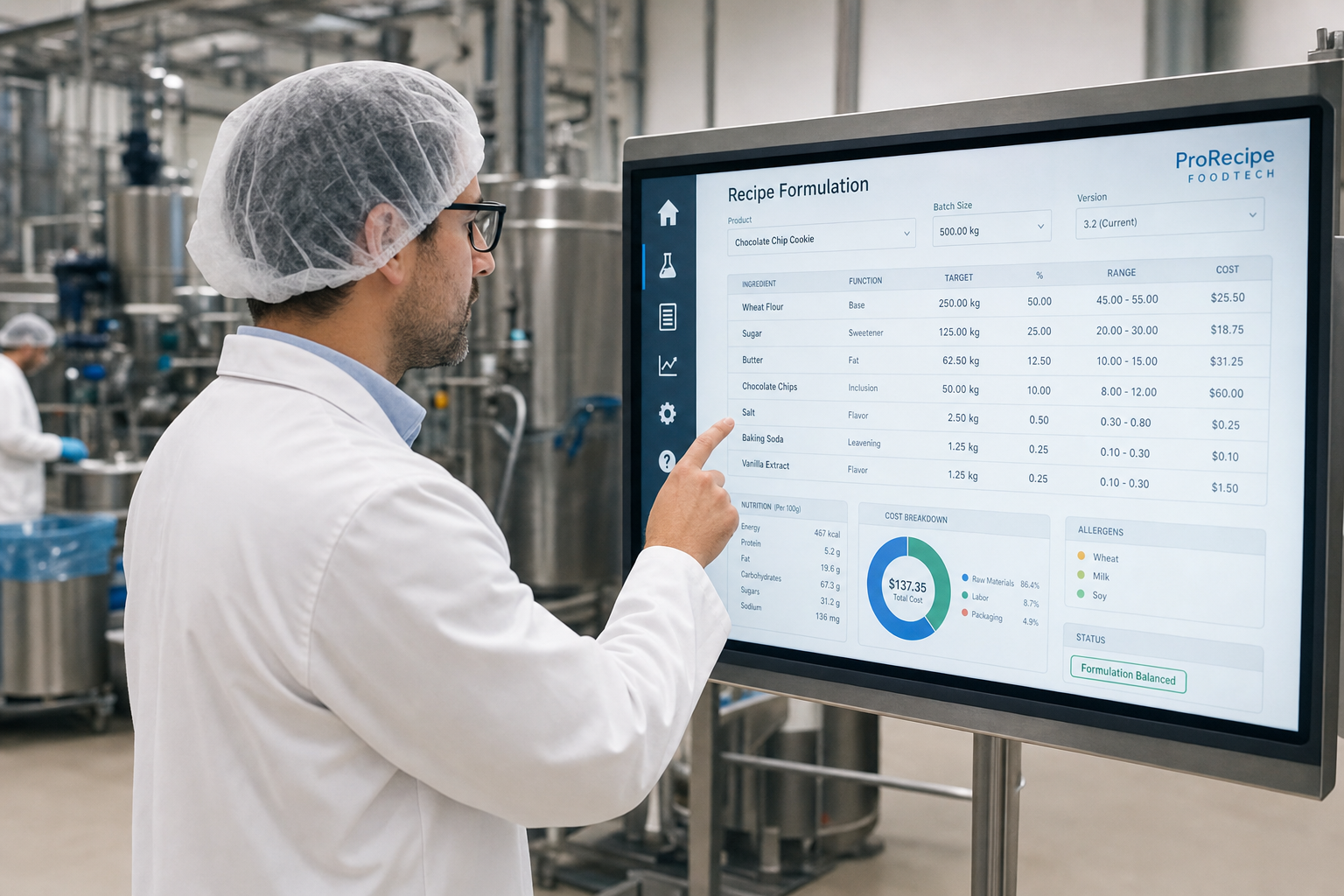 Cientista de alimentos trabalhando em um laboratório de desenvolvimento de receitas, cercado por equipamentos modernos e ingredientes.