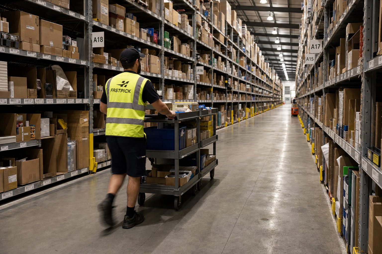 Vista aérea de um grande e moderno centro de distribuição com trabalhadores seguindo rotas de picking otimizadas entre prateleiras altas.